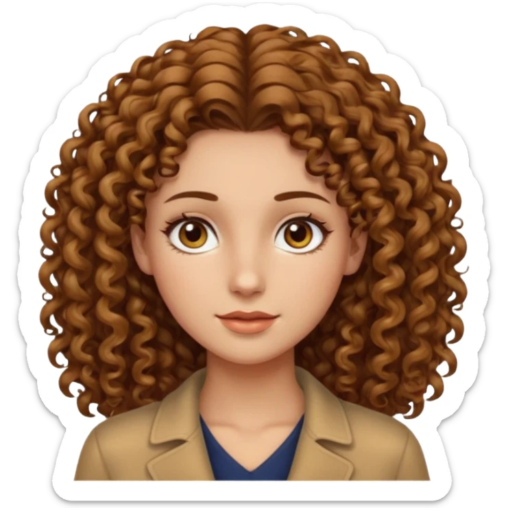 Can you create a woman with curly hair, but not too voluminous, with a wheat-colored complexion, hazel eyes, long and well-defined facial features, and tall? sticker
