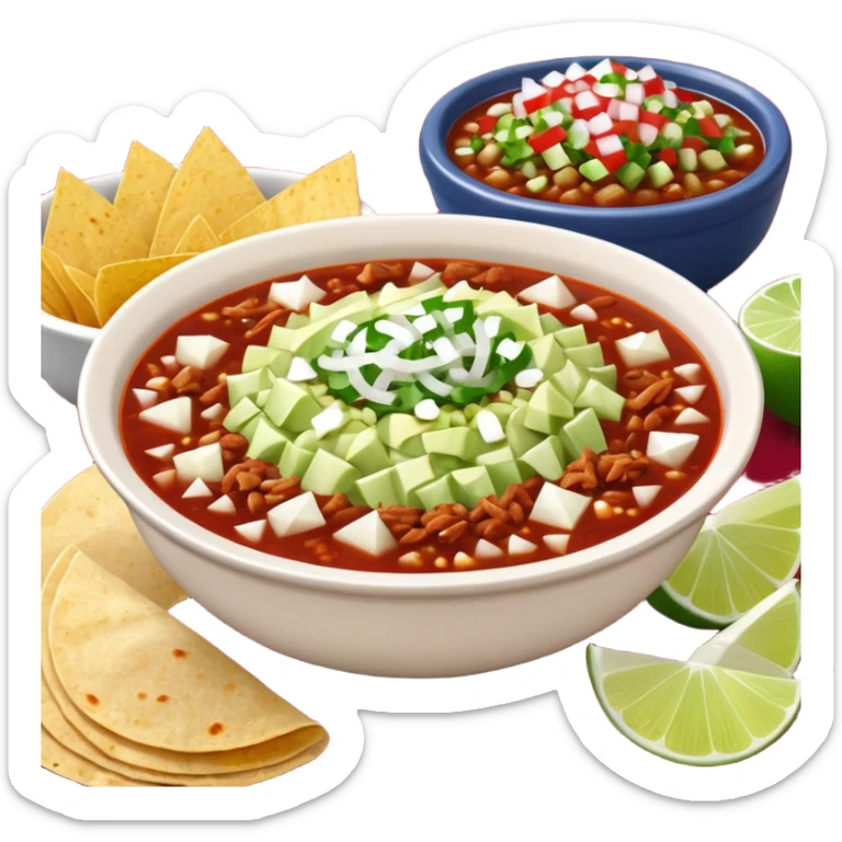 A delicious hot bowl of pozole rojo with the sides next to the bowl: chopped onions, shredded cabbage, lime wedges, red chile de arbol salsa, and full round tostadas sticker