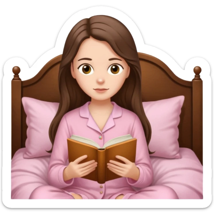  white long brunette hair girl with hazel eyes in light pink pajamas reading Pride and Prejudice sticker