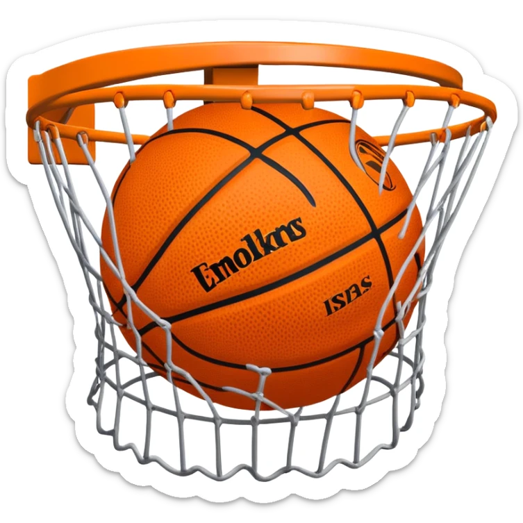 Simple orange basketball with NBA logo caught in basketball net from below perspective, iOS emoji style sticker