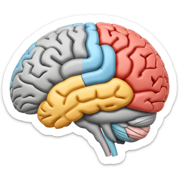 emoji icon of side view of an anatomically correct human brain with details of the brain structure and in detailed 3d rendring, colored to highlight different sections sticker