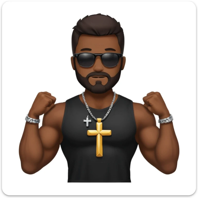 man with dark hair and beard, sunglasses, black t-shirt, and cross necklace, flexing his muscles, outside sticker