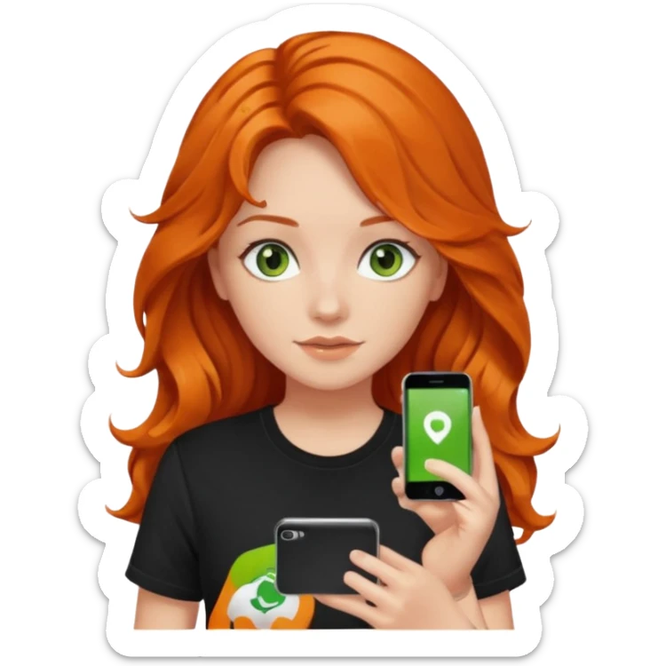 Girl with dark long orange wavy hair, green eyes, and black t-shirt and phone with app on hand sticker