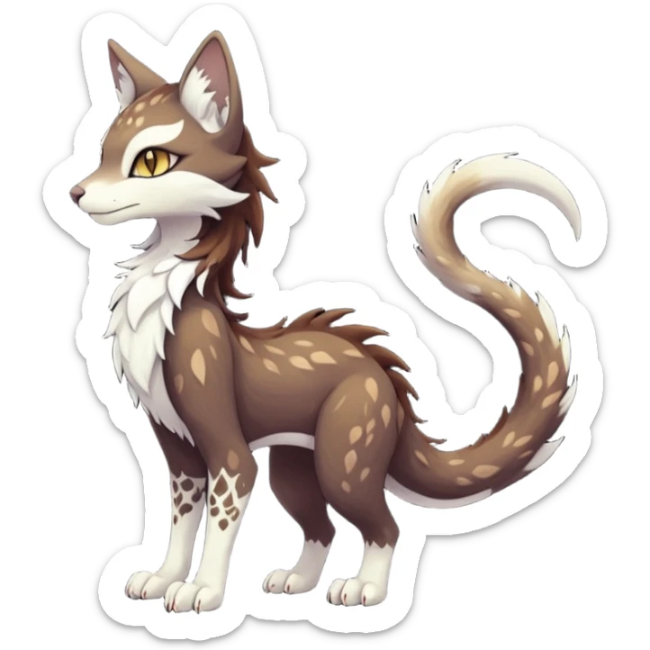 Kawaii dark edgy brown beige white fantasy ethereal feline-vernid-sergal-rocruff-fursona animal creature with a tufted tail full body with intricate markings  sticker