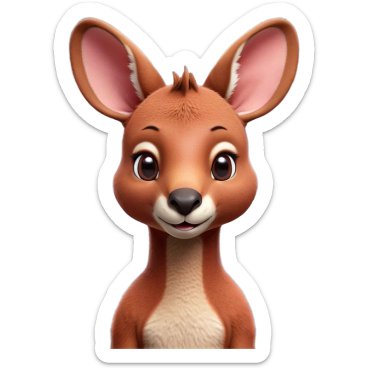 Cinematic Cute Adult Red Kangaroo Portrait Emoji, Head tilted playfully and inquisitively, showcasing a charming, robust build with soft reddish fur and a uniquely red kangaroo-like head featuring a gentle, elongated snout and rounded ears, with large, sparkling eyes full of wonder, Simplified yet irresistibly adorable features, highly detailed, glowing with a warm, friendly glow, high shine, affectionate and lively, stylized with a touch of outback whimsy, soft glowing outline, capturing the essence of a mischievous yet loving kangaroo that seems as if it could hop out of the screen into your arms! sticker
