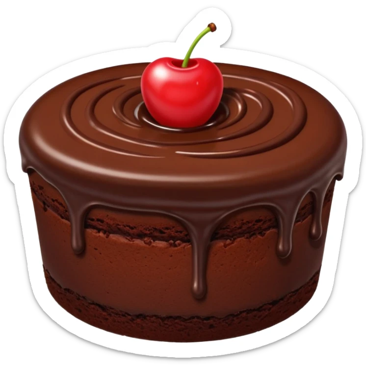 chocolate cake with chocolate frosting and a cherry on top, simple, bright emoji style sticker