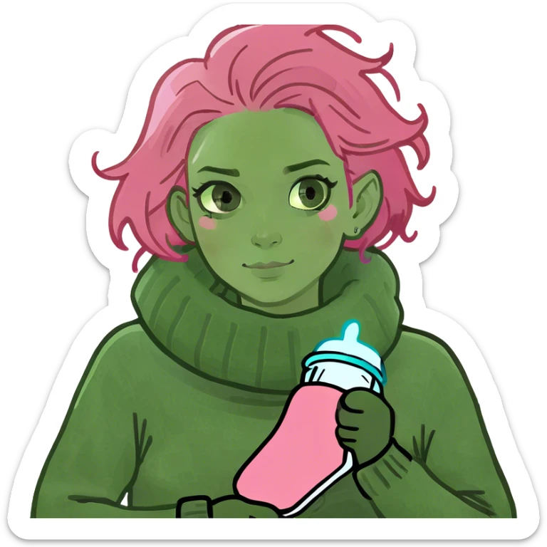 Pink hair green eyed woman with hot water bottle  sticker