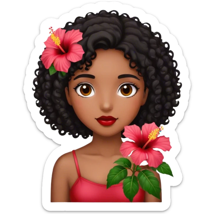 Girl with brown skin with black curly hair holding hibiscus flowers sticker