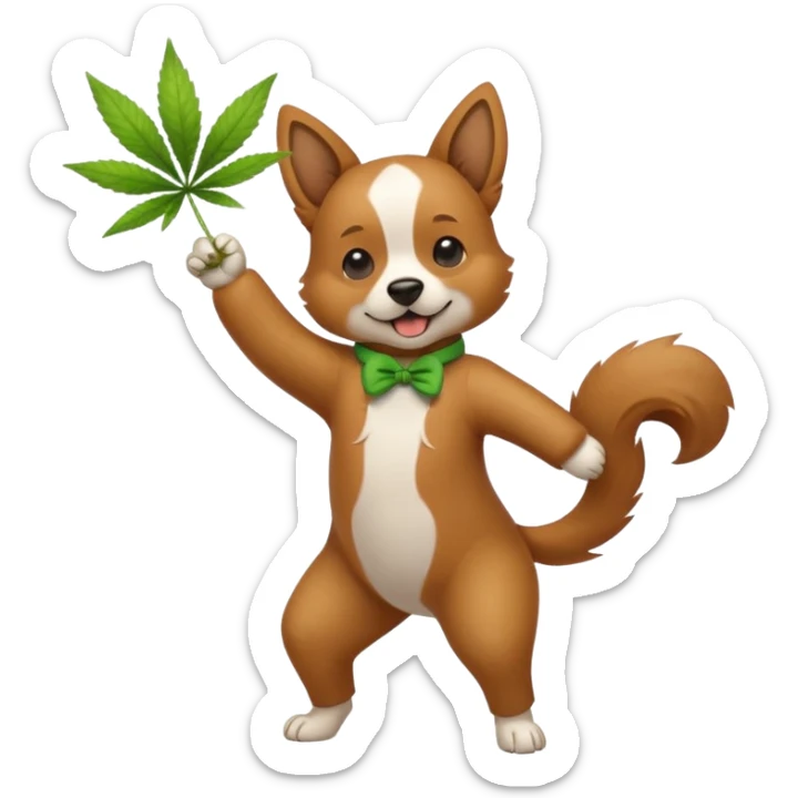 A dog with a piece of weed in his mouth standing on two legs hitting the dab sticker