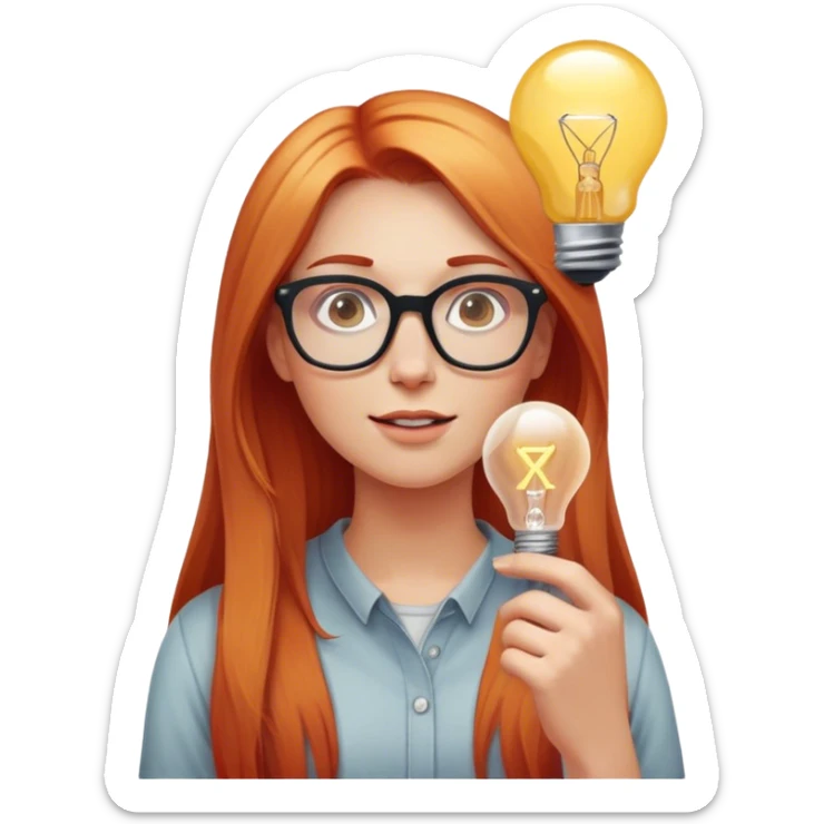 intelligent and clever, 30 year old, girl, long red and almost blond hair, glasses, has an brillant idea, light bulb over the head, casual cloth  sticker