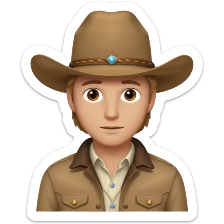 Ennis Del Mar (Male) from Brokeback Mountain with brown eyes, dark blonde hair, ivory shirt, brown jacket and cowboy hat sticker