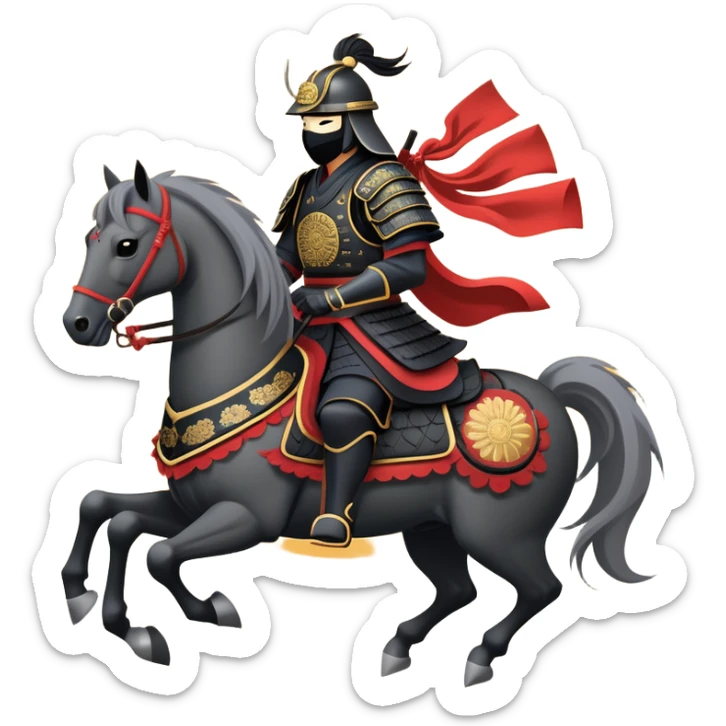 clash-of-clans-aesthetic_-cinematic-fearsome-and-majestic-samurai-bust-portrait-emoji, rendered in a flat, vector-style with minimal shading and bold, simplified shapes typical of emoji art, depicting a battle-hardened samurai with black mask and traditional black Japanese armor. The samurai is riding a noble grey warhorse adorned with an intricately designed saddle and fluttering banners and a rising sun. a samurai on a   horse sticker