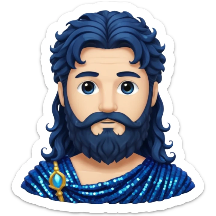 Neptune, God of Sea from Roman Deities with long jet black wavy hair and beard, dark blue sequin toga sticker