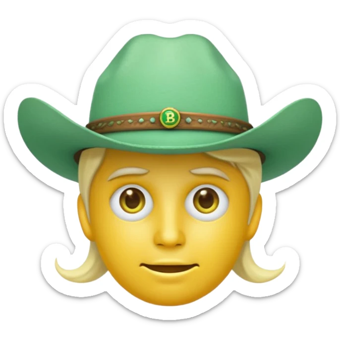unisex yellow face emoji, minty green cowboy hat with '100x', Bitcoin logos for eyes, emoji style sticker