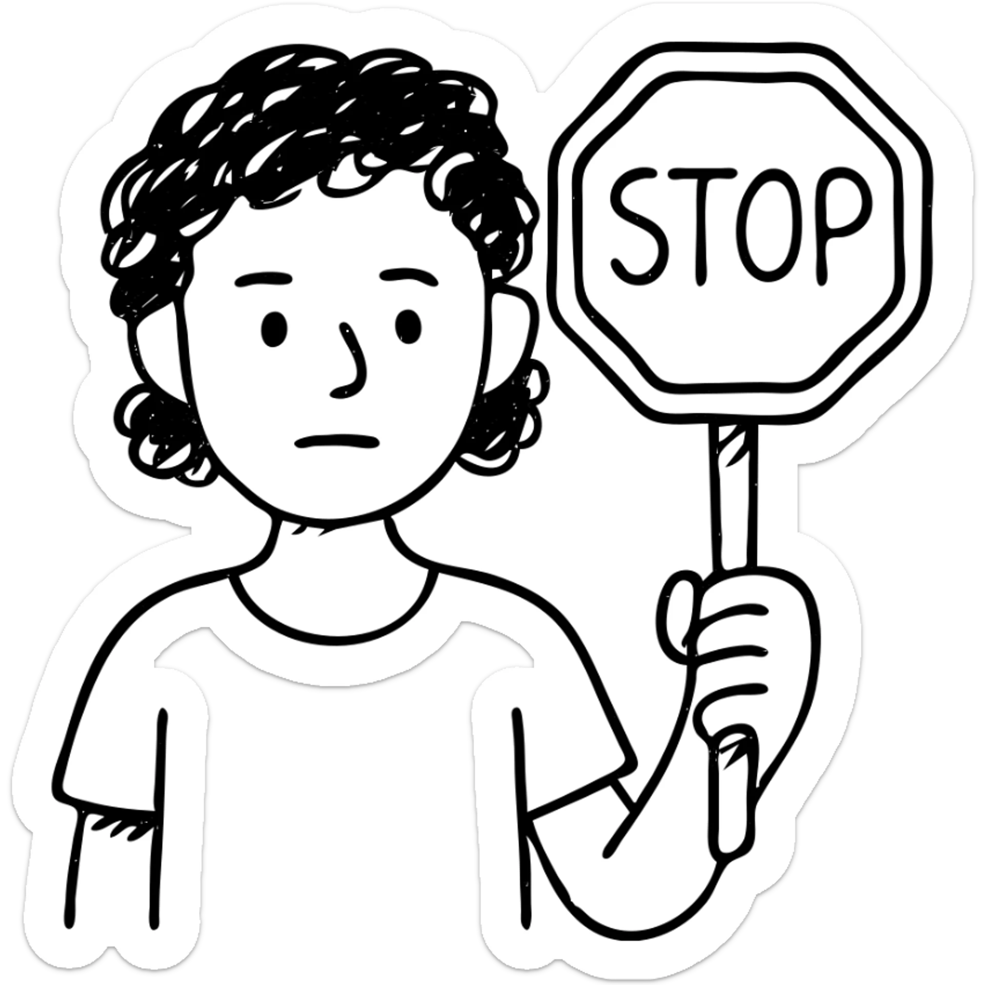 brunette person with curly hair holding a stop sign, hand drawn outlined icon sticker