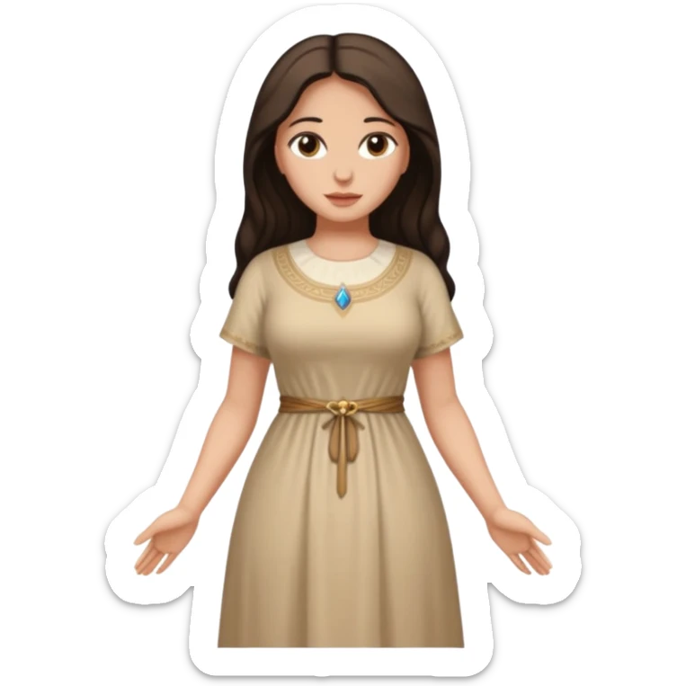 fullbody Mary Magdalene, fit and buxom body, very pretty detailed face, normal height, simple light tan dress, arms down with hands by hips, dark hair sticker