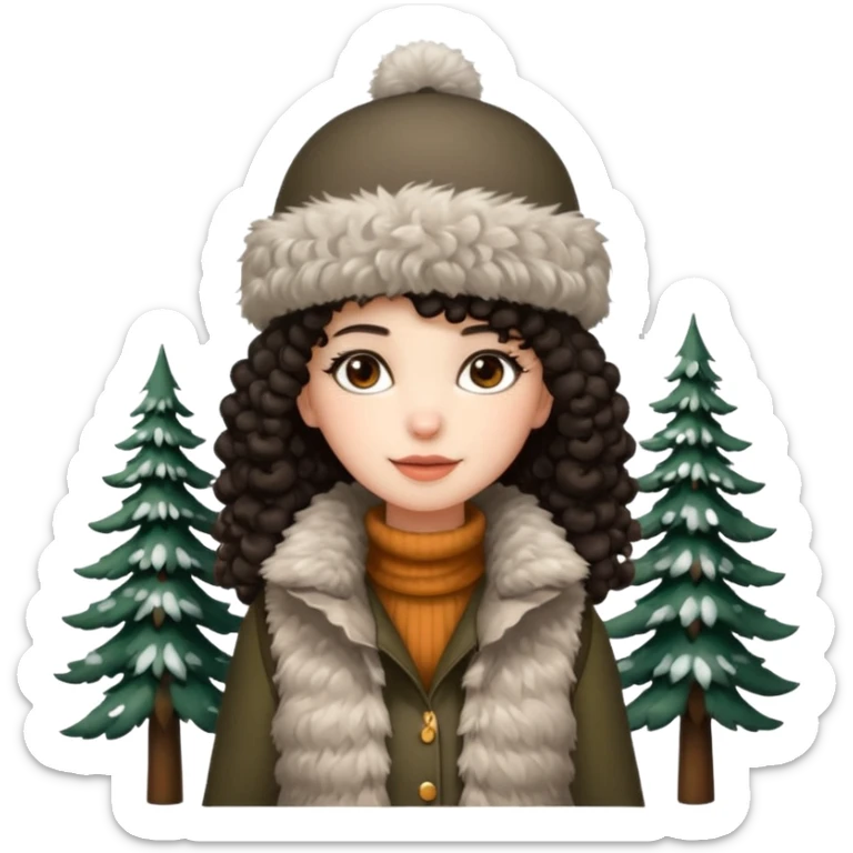 "A girl with curly dark hair 👩🏻‍🦱, wearing a fur hat 👒🦊 and a fur vest 🧥, standing in the snow ❄️ with pine trees 🌲 in the background. Minimalistic emoji style." sticker