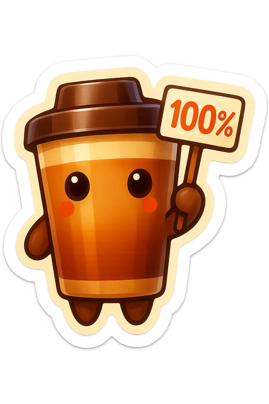 Tall coffee cup, no mouth, holding sign "100%" sticker