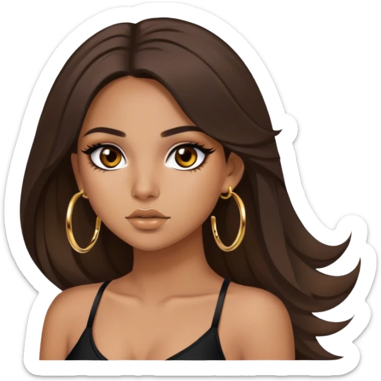 Latina girl medium tan skin with gold hoops and brown makeup beautiful hair down black wing eye  sticker