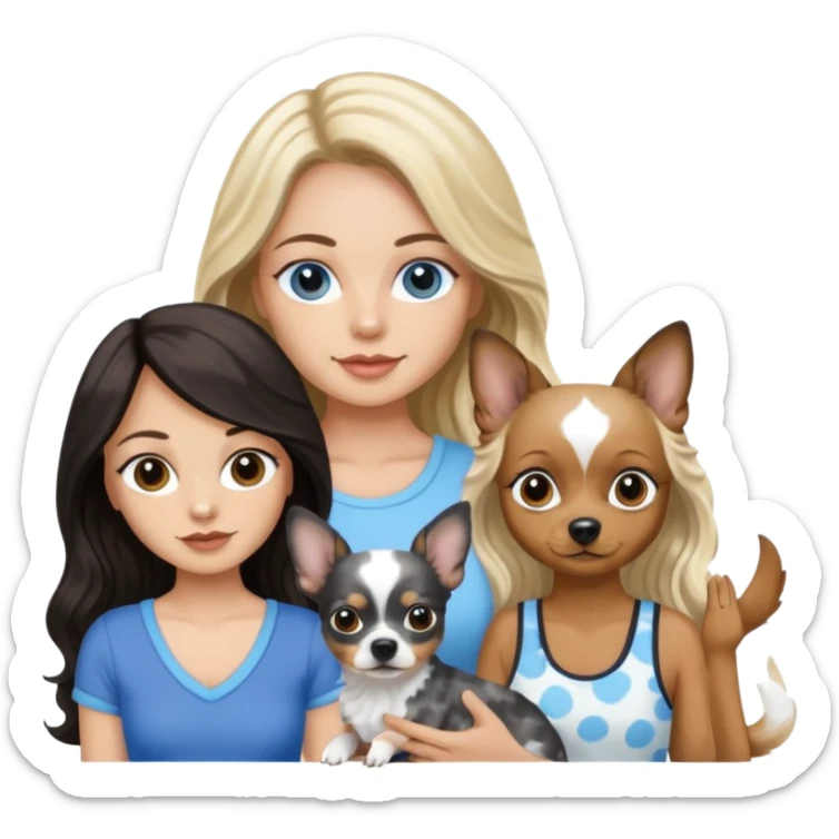 Three women in summer clothes with iPhones, hazel eyed light skin with dark blonde long hair holding black and tan chihuahua and Brown eyed,light skin,black long wavy hair and blue eyed light skin long blonde hair with blue spotted Merle Frenchie sticker
