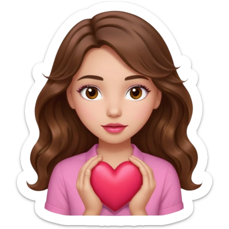 girl with long wavy brown hair, brown eyes, light to medium complexion, in a pink shirt, pink lips, long lashes, squeezing a big heart sticker