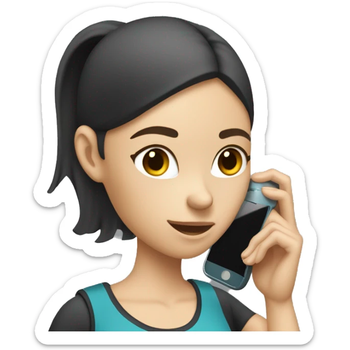 white skinny female with long dark hair in exercise clothes holding a phone under her ear sticker