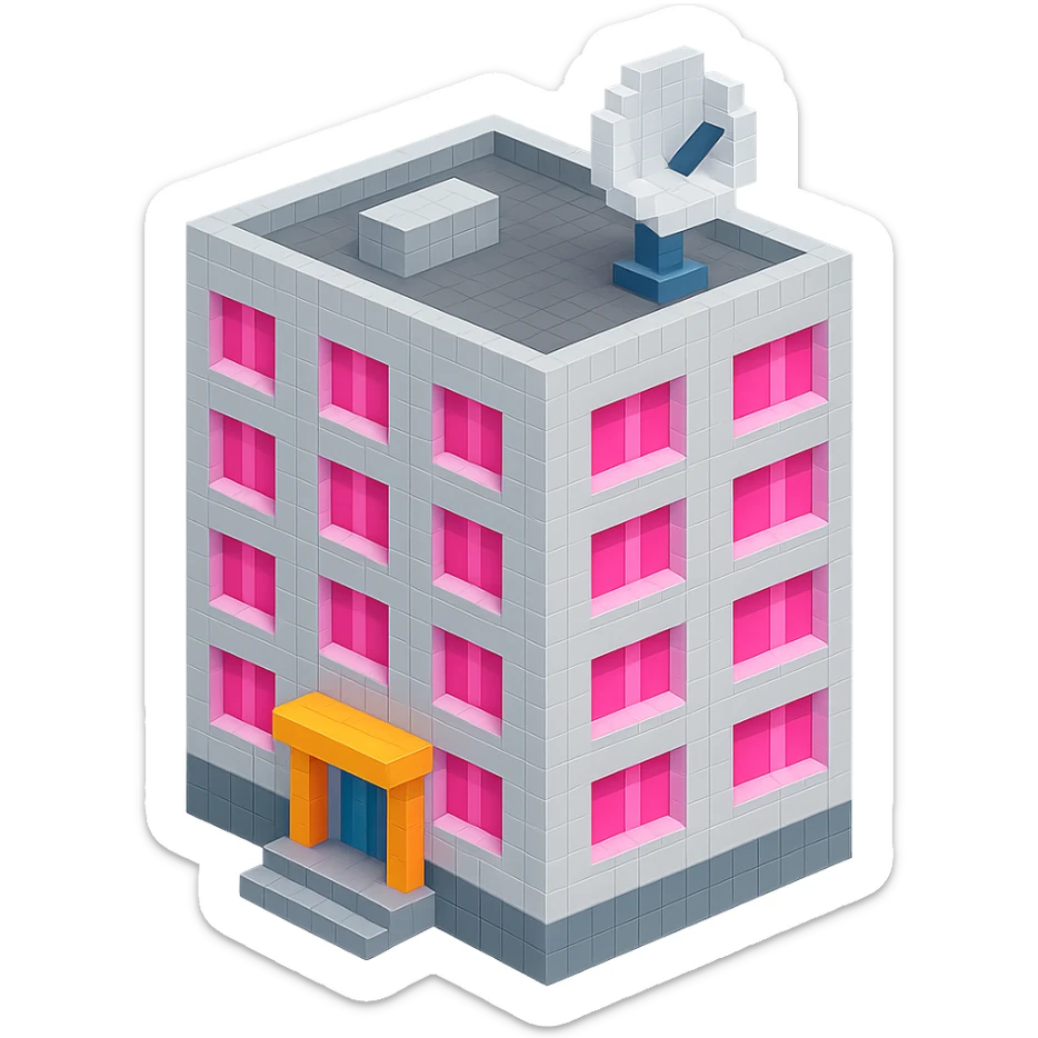 modern Russian panel apartment building, square block, light gray, bright pink windows, detailed entrance, large satellite TV dish on roof, isometric view sticker