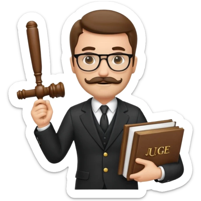 “Create a clean, modern emoji-style illustration of a male lawyer. He is wearing a formal suit jacket. He is holding a judge’s gavel (QUE SE VE DE COSTADO) in one hand and has a law book tucked under his arm. He has a mustache and beard!!, and GLASSES sticker