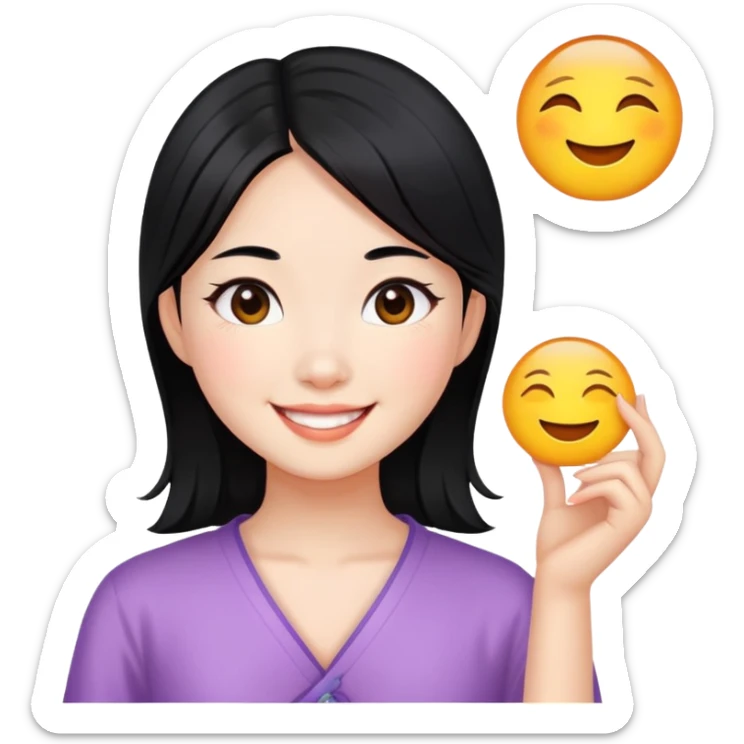 Chinese girl wiz black and front hair, sunny smile sticker