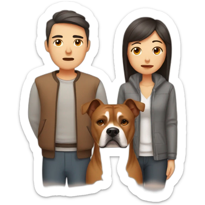 Sad Man with Chinese wife and brown Staffordshire terrier dog sticker