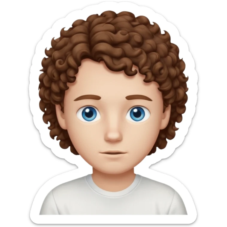 White boy with blue eyes and brown semi long hair with a White shirt without a side part, curly hair sticker