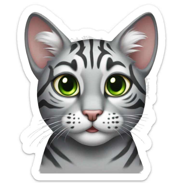 grey tiger tabby cat with green eyes and one ear cut off at the top sticker