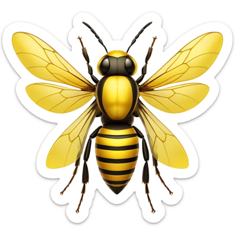 Cinematic Noble Hornet Portrait Emoji, Poised and intimidating, with a sleek, segmented body in bold yellow and black hues, sharp, focused eyes, and delicate, translucent wings, Simplified yet sharp and sophisticated features, highly detailed, glowing with a soft, insectile radiance, high shine, intelligent and formidable, stylized with an air of natural authority, focused and alert, soft glowing outline, capturing the essence of a watchful and confident hornet that appears ready to buzz out of the screen with effortless power! sticker