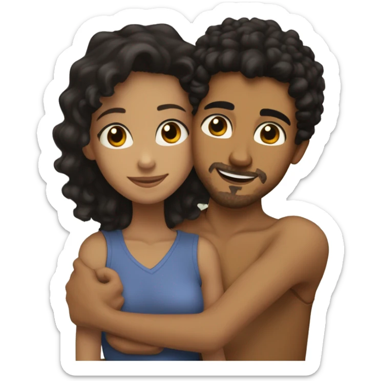 Girl with black hair, hazel eyes and tan skin hugging a boy with tan skin, brown curly hair, brown eyes and goatee sticker