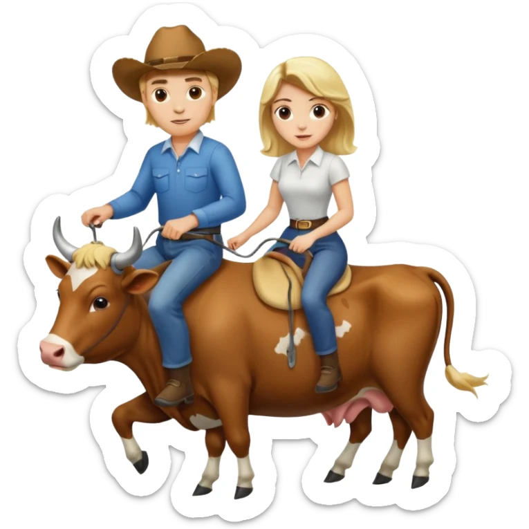 Do a man and a woman riding cows , the man is blond and woman a brunette sticker