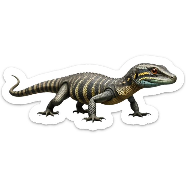 cinematic-monitor-lizard-realistic-full-body-standing on all fours-emoji,-long-powerful-tail-dragging-slightly-behind,-sleek-scaled-body-textured-with-rich-patterns and stripes,-head-tilted-dramatically,-dark-intense-eyes-observing-its-surroundings,-simplified-yet-realistic-focused-features,-highly-detailed,-glowing-with-an-almost-sarcastic-glow sticker