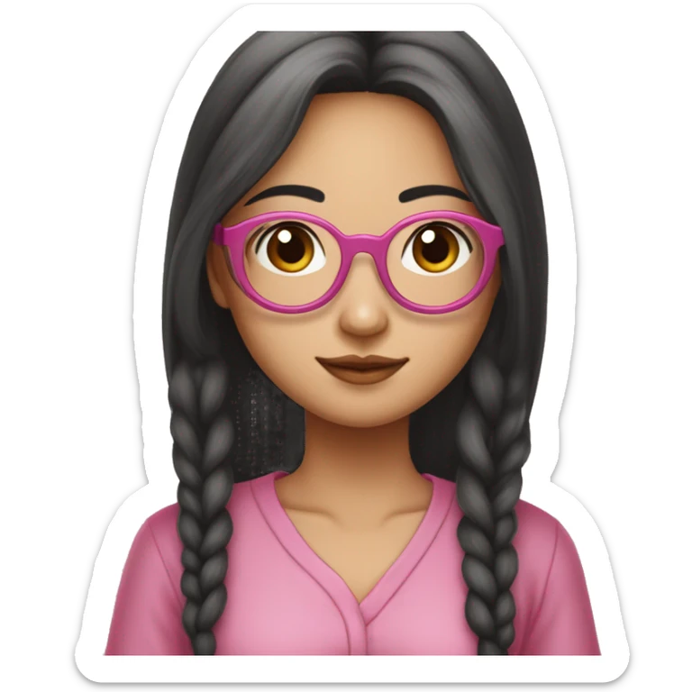 an oriental girl, with two dimples in left cheek, wear a round glasses (but not too round), aged 24, likes to wear pink, holding a macbook, hair is long and straight, she has a fair skin sticker