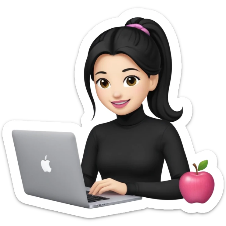 a woman with long sleeve turtle neck top and smile, her hair is long black pony tail, her eyes color are black and the color of her lip is soft pink with apple notebook (macbook). her jab is digital designer. sticker