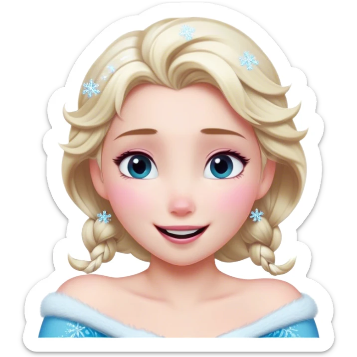 Cinematic Adorable Elsa Portrait Emoji, Giggling as tiny snowflakes swirl around her, cheeks flushed pink from the cold, eyes twinkling with warmth, a heart-melting mix of beauty and playfulness! sticker