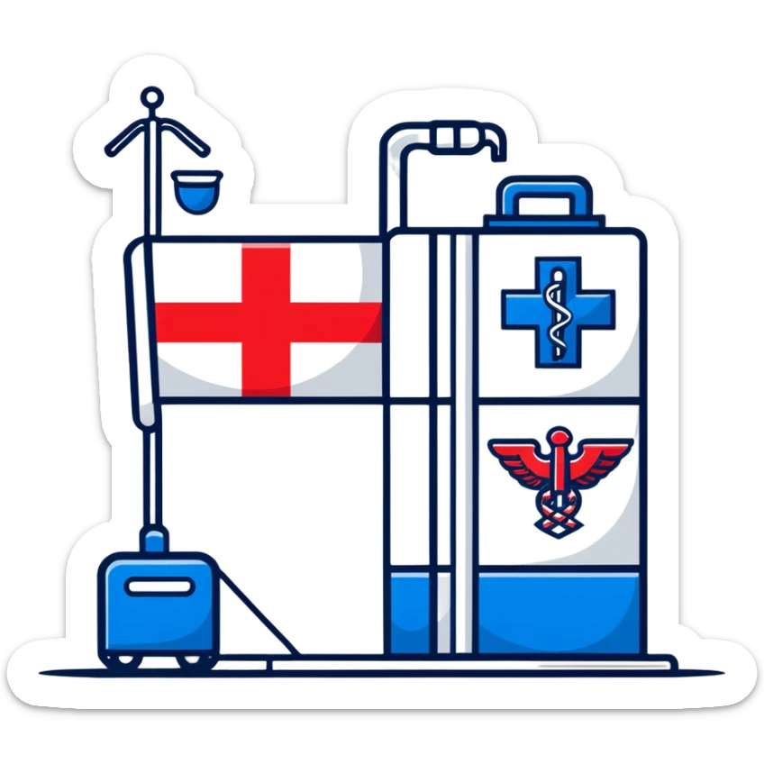 Modern hospital with Thai flag prominently displayed, medical symbol, flag with red white blue stripes sticker