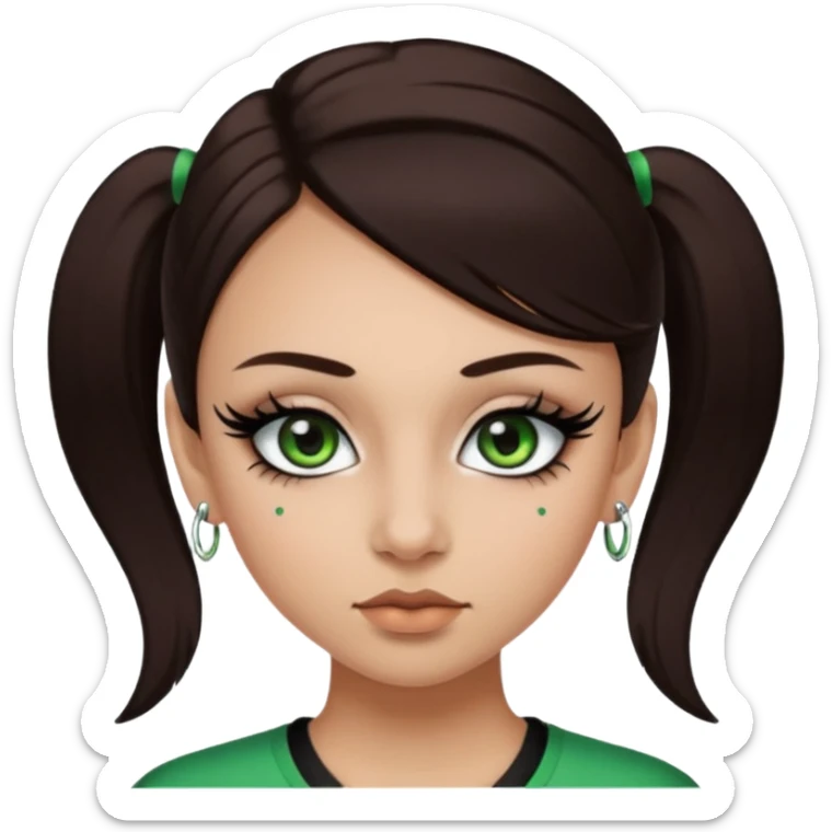 Y2k style Girl with: long, straight dark brown hair, green/ hazel eyes, nostril and septum piercing, fake eyelashes and eyeliner sticker