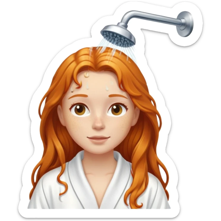 Ginger girl in white robe long wet hair relaxing shower skin care sticker