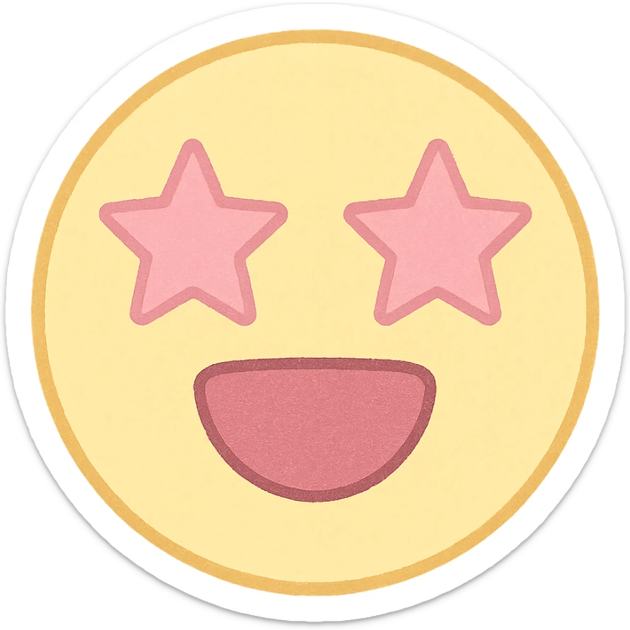 cute emoji, round face, star eyes, open mouth, excited, pastel yellow and pink sticker