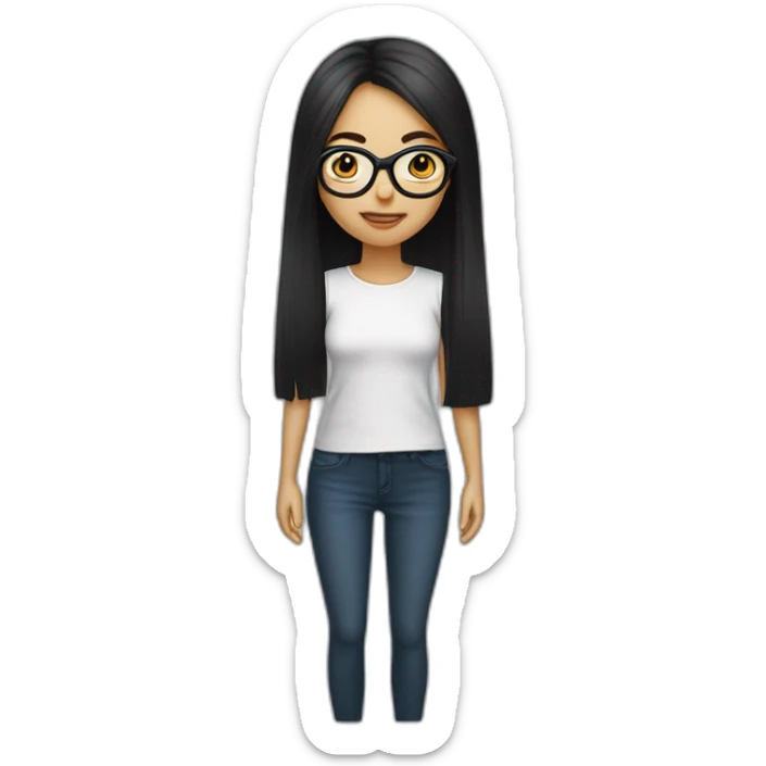 une fille avec de long cheveux noir lisse, et avec des lunette (en forme de carrer un peu déformé) assez grosse comparer a ça tête , portant un pull noir sticker