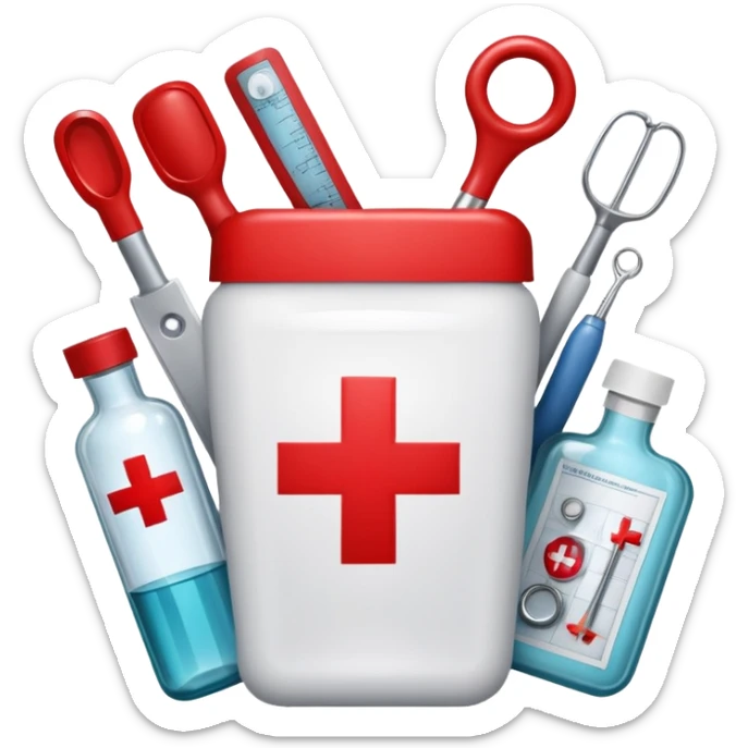 An icon featuring The Hygeia Vessel, a red cross, symbolizing medicine. The design includes medical tools and symbols, representing healthcare, diagnosis, and healing practices. Transparent background highlights the profession and study of medicine. sticker