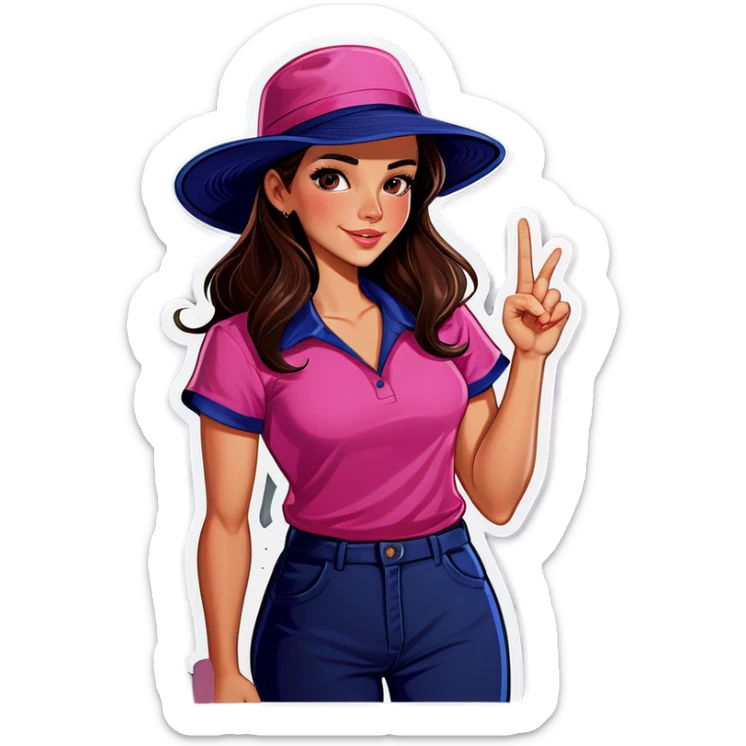 brunette girl latin with pink shirt an navy blue hat sticker