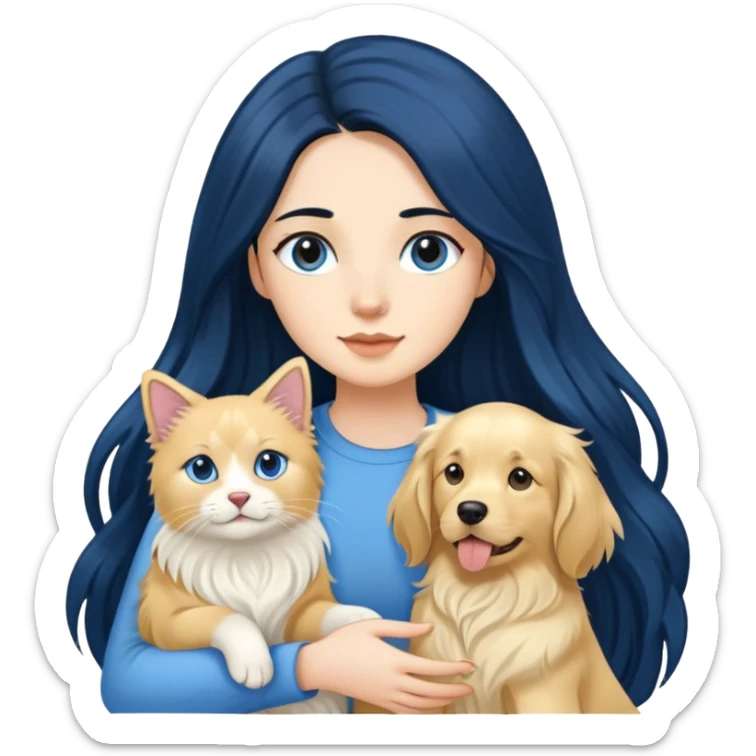 Woman with long black hair holding a blue and white long-haired cat and a golden retriever dog sticker