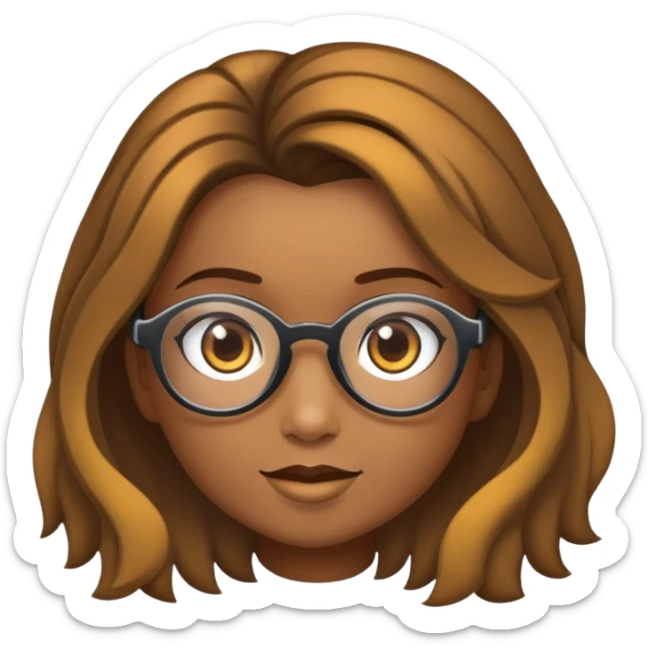 Crie um adesivo com borda branca fundo transparente de uma menina, porte físico um pouco gordinha, alta, cabelos castanhos e, tamanho médio, preso, usando óculos de grau arredondada e armação dourada.  sticker