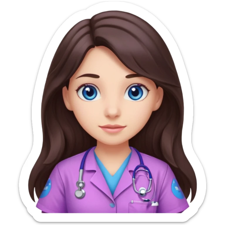 pretty brunette nurse with long hair and blue eyes in pink and purple dinosaur pattern scrubs sticker