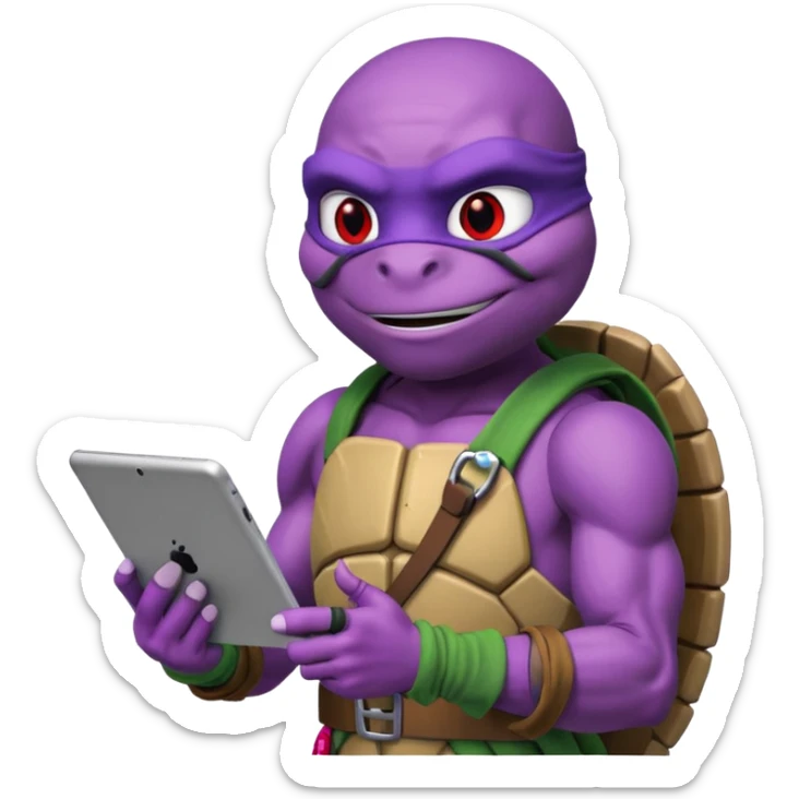 Donatello from Teenage Mutant Ninja Turtles, emoji style, with a tablet showing a hacking screen in hand, with a red hacking interface sticker